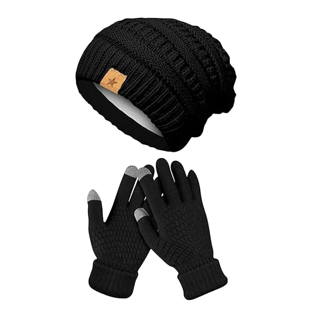2PCS/Set Winter Beanie Hats Gloves Set Touchscreen Mitten Cold Proof Thicken Women Warm Knitted Hat Ear Protection Windproof Cap