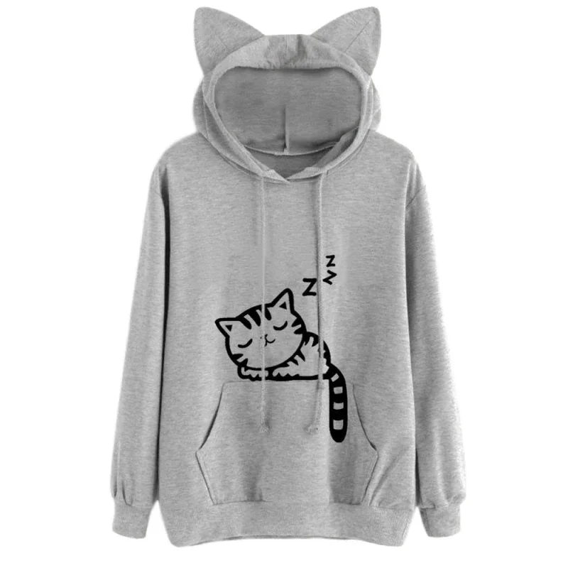 

Women Cat Printed Long Sleeve Pullovers Hoodies Female Fashion Casual Cat Ear Hooded Sweatshirts Tops Autumn Winter Loose Jumper