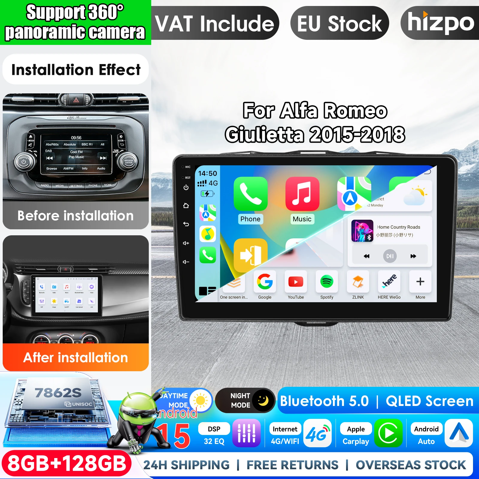 Image of Hizpo 9 Zoll Android 15 Autoradio für Alfa Romeo Giulietta 2015 - 2018 Headunit Multimedia-Videoplayer GPS-Navigation Carplay AutoRadio IPS-Touchscreen Auto-Intelligentes System Stereo-Headunit 4G