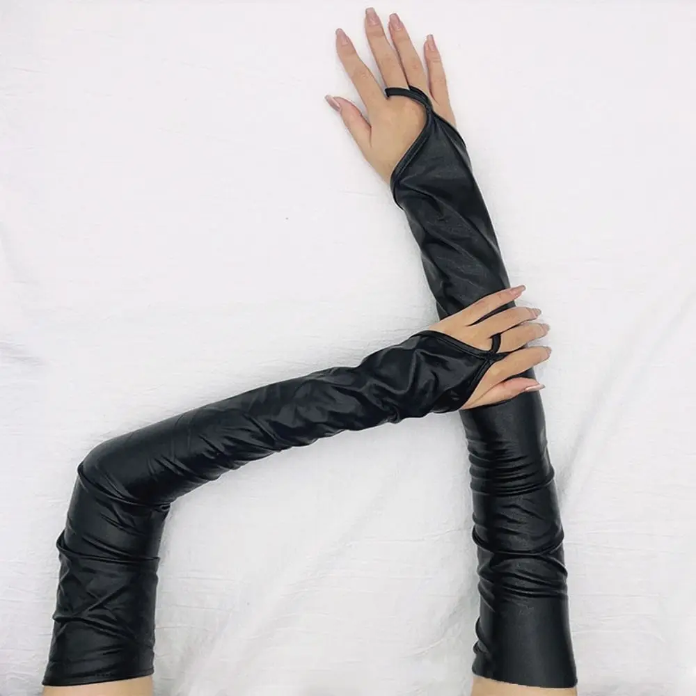 Manoplas sexis finas y largas de Color sólido para espectáculo en club nocturno, guantes de cuero Pu para Cosplay, mitones sin dedos, guantes de cuero con manga para brazo