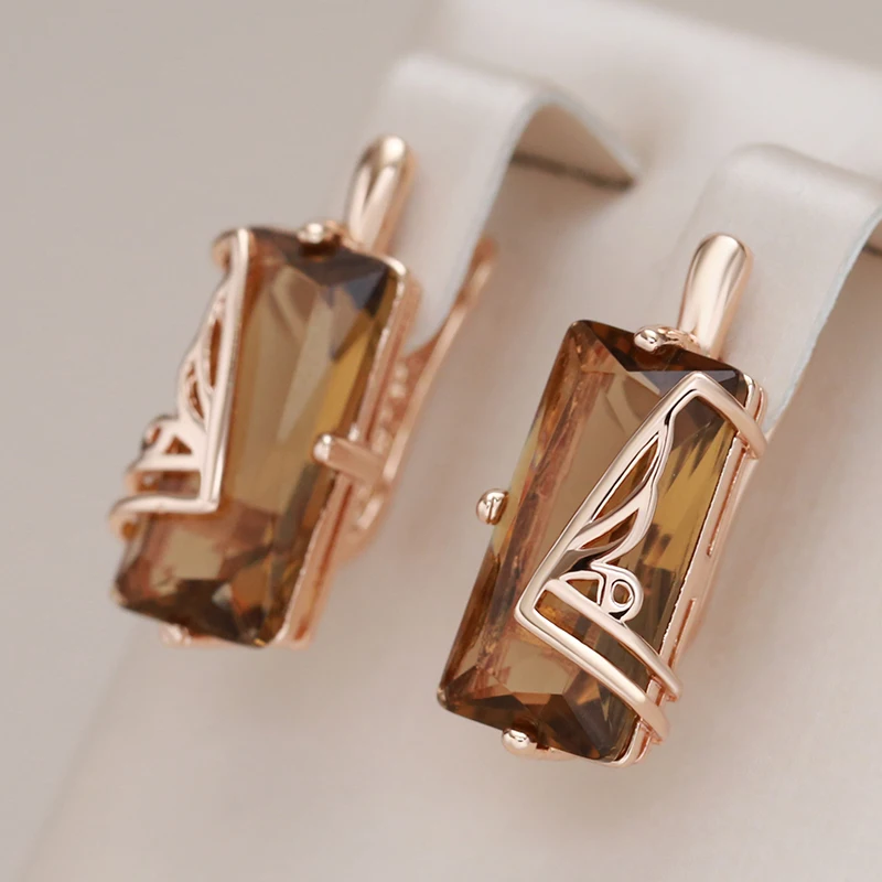 Kinel Fashion Light Brown Natural Zircon English Earrings for Women Simple Square 585 Rose Gold Color High Quality Daily Jewelry