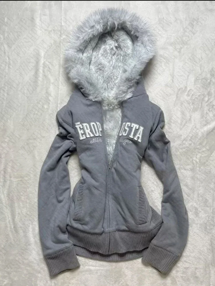 Y2K Zipper Gothic Letter Printed Fur Collar Hoodie Slim Fit Comfortable Casual Grey Sportswear Warm Top Women Cardigan