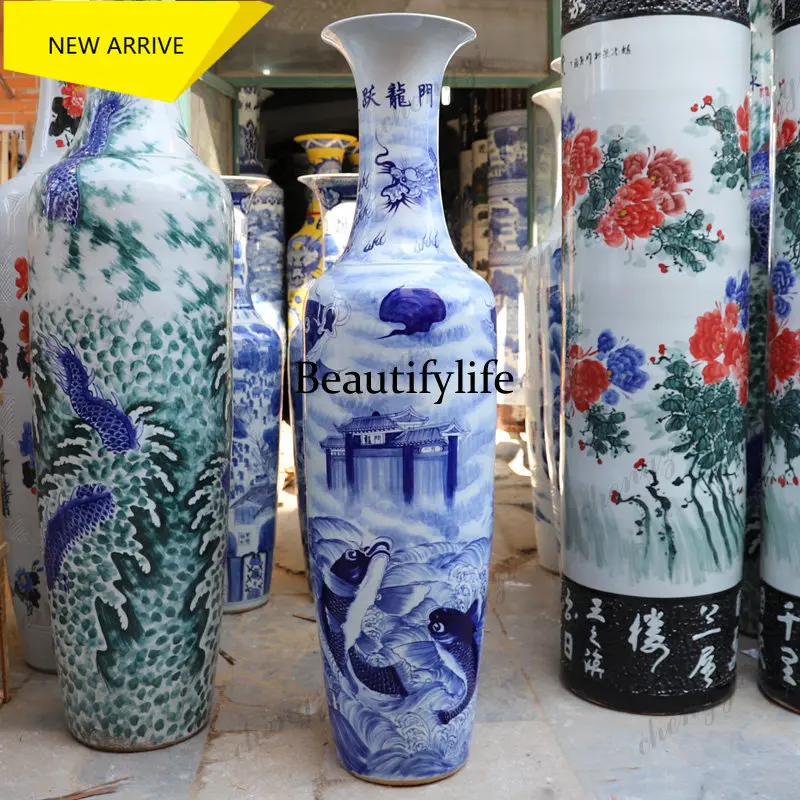 a95 Jingdezhen ceramic hand-painted blue and white porcelain Yuyue Longmen floor-to-ceiling large vase living room