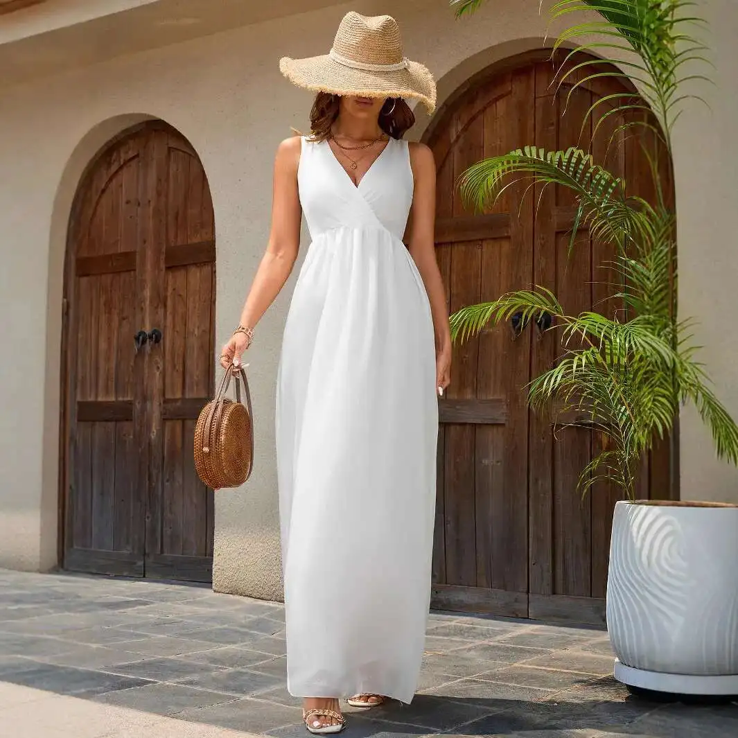 

Long Skirt White Seaside Vacation Dress New Sleeveless 2025 Women's Light Wedding Dress 2025 Summer Dress Robe Vestido Women