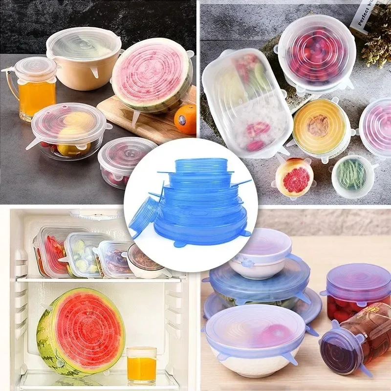 6Pcs Silicone Fresh-keeping Cover Reusable Stretch Canning Lids Refrigerator Microwave Airtight Plastic Wrap Kitchen Accessories