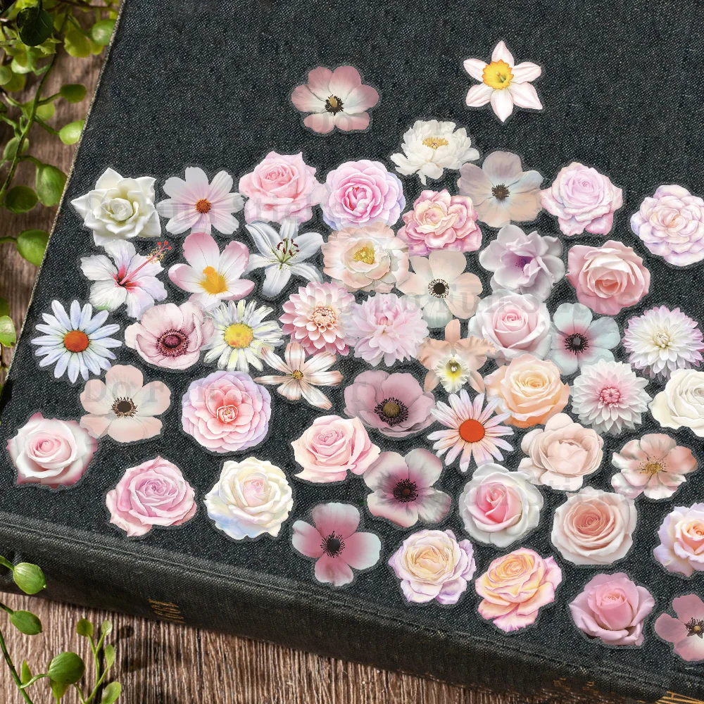 50 Stück bunte schöne rosa Blumen-Kunst-PET-Aufkleber, wasserdicht, ölbeständig, transparent, hochwertige personalisierte DIY-Buch-Telefonhülle