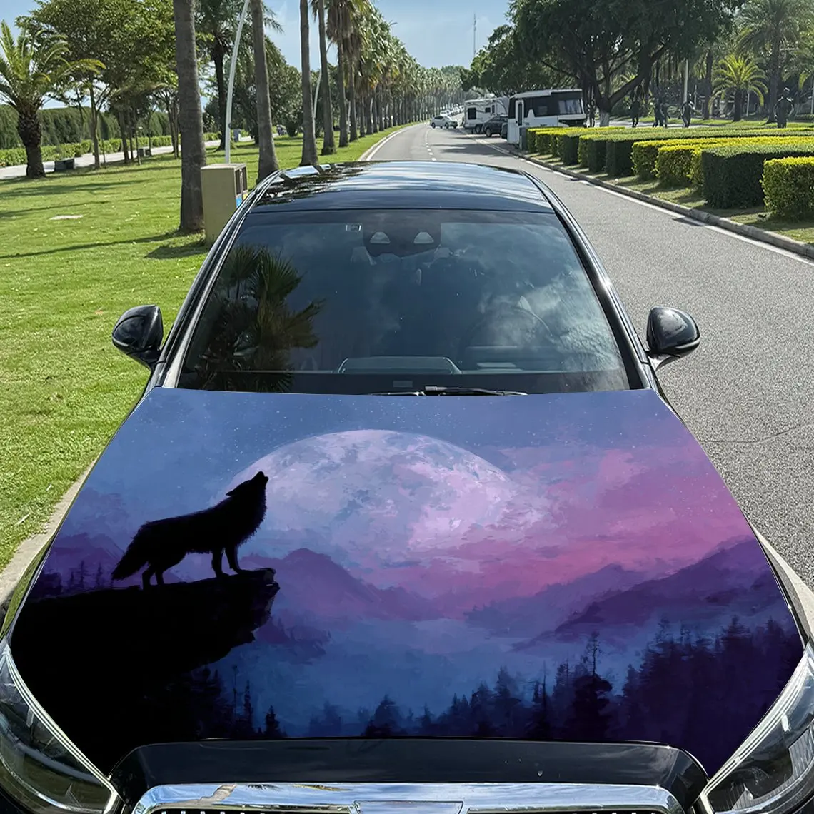 Lonely Wolf Howling at Moonlit Night Pattern car hood stickers, waterproof self-adhesive, scratch resistant, easy to stick, dura