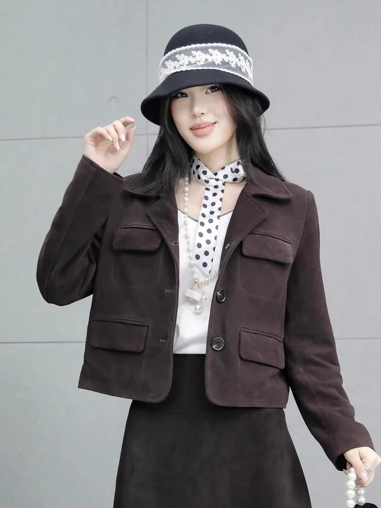 سترة نسائية بلون القهوة الداكنة للخريف بأكمام طويلة وياقة علوية وسترات قصيرة واحدة الصدر وزرين ملابس خارجية بقصة ضيقة #2