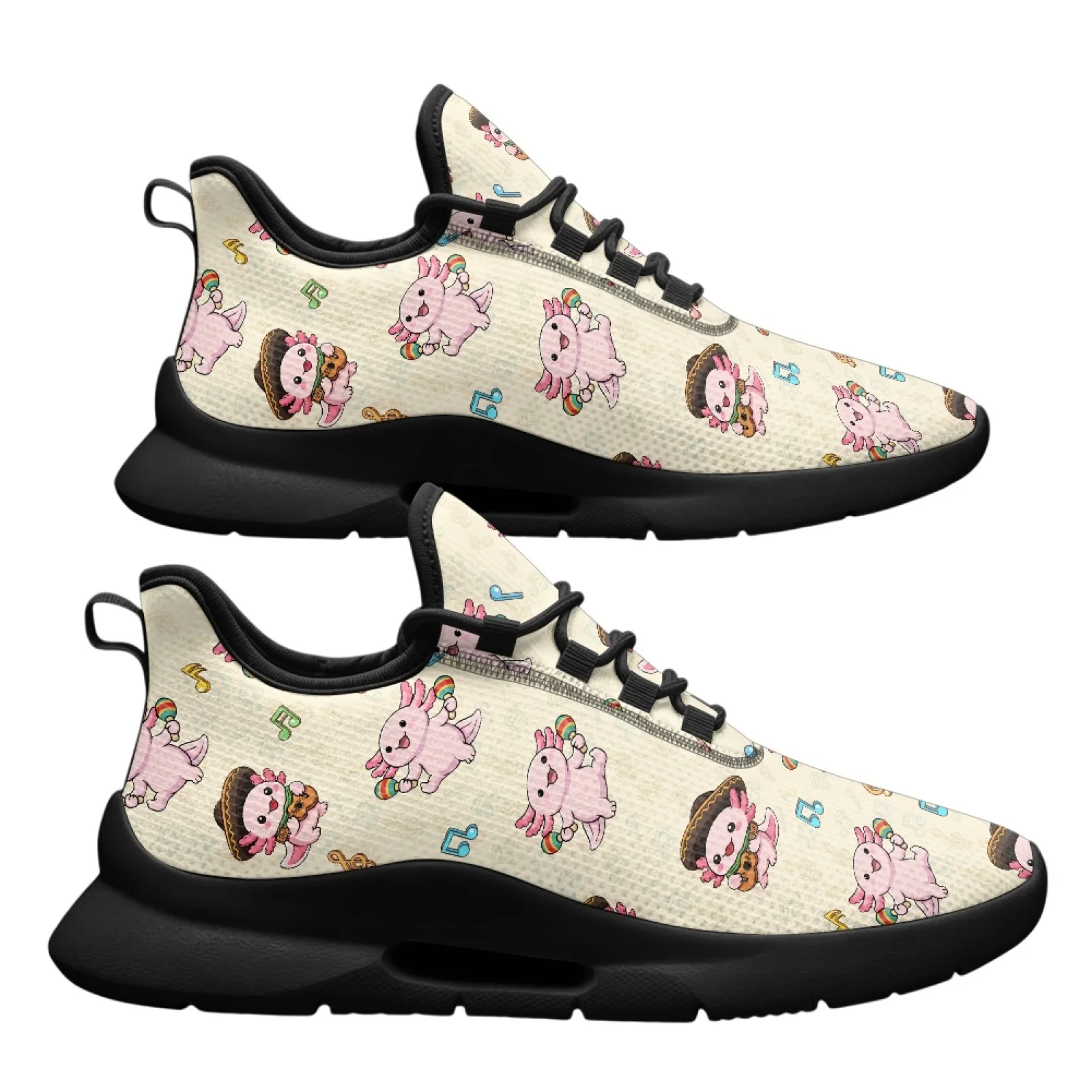 PENSTROLL Cute Axolotl Music Print Breathable Streetboard Shoes for Men Autumn Mesh & EVA Flat Lace-Up Shoes Lace Up Shoes