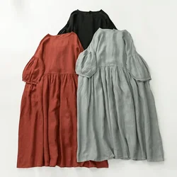 Female 100% Linen Loose Oversized Puff Sleeve Pull Over Midi Dress Elegant Chic Summer Casual Leisure Everyday Tunic Red Dress