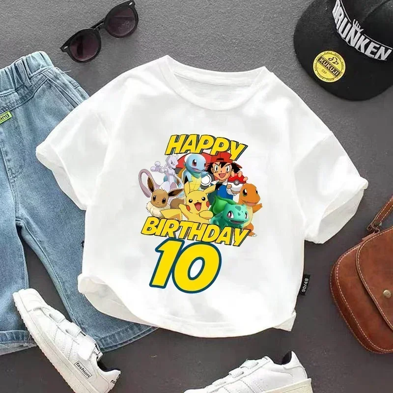 

Pikachu T Shirt Baby Birthday Number Tees Kawaii Pokemons Boys Girls Summer Clothes Cartoon Infant Cotton Short Sleeve Kids Tops