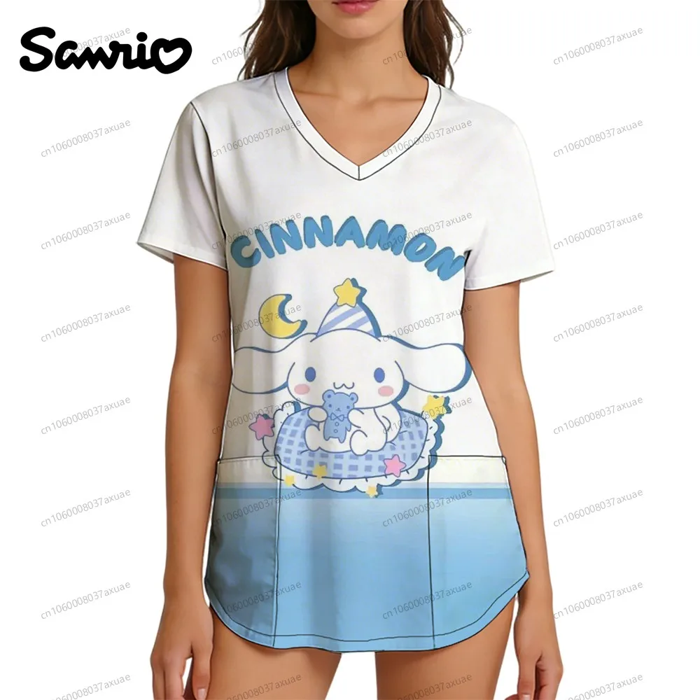 

Nurse Uniform V Neck T Shirt Cuteore Clothing Cinnamoroll Funny T Shirts Women's T-shirt Sanrio Anime Y2k Clothes Woman T-shirts