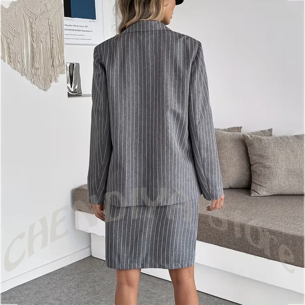 Vintage Grey Striped Women's Skirt Suit Double Breasted Structured High Slit Sophisticated Office Wear Wedding Guest Daily