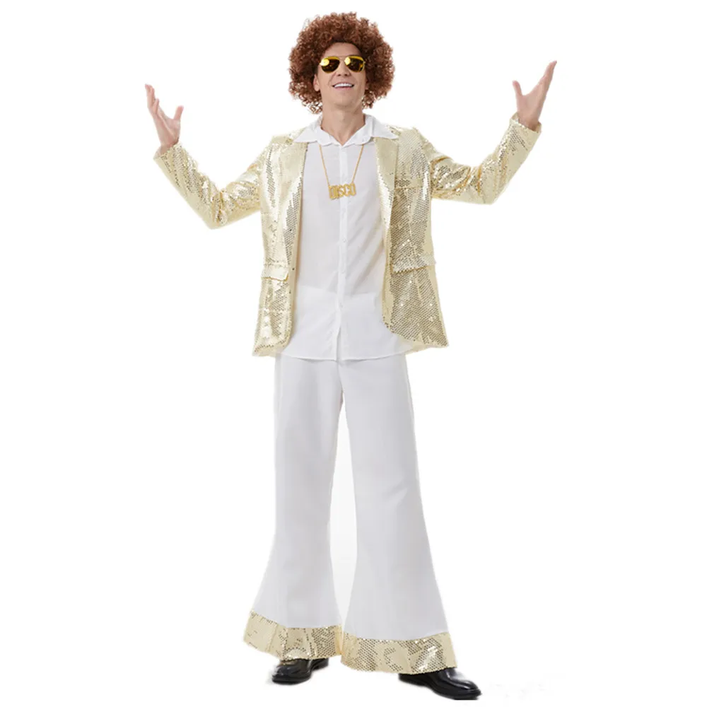 Men Luxury Retro 70s 80s Hippie Cosplay Costume Halloween Fancy Disguise Carnival Party Vintage Rock Disco Night Club Suit