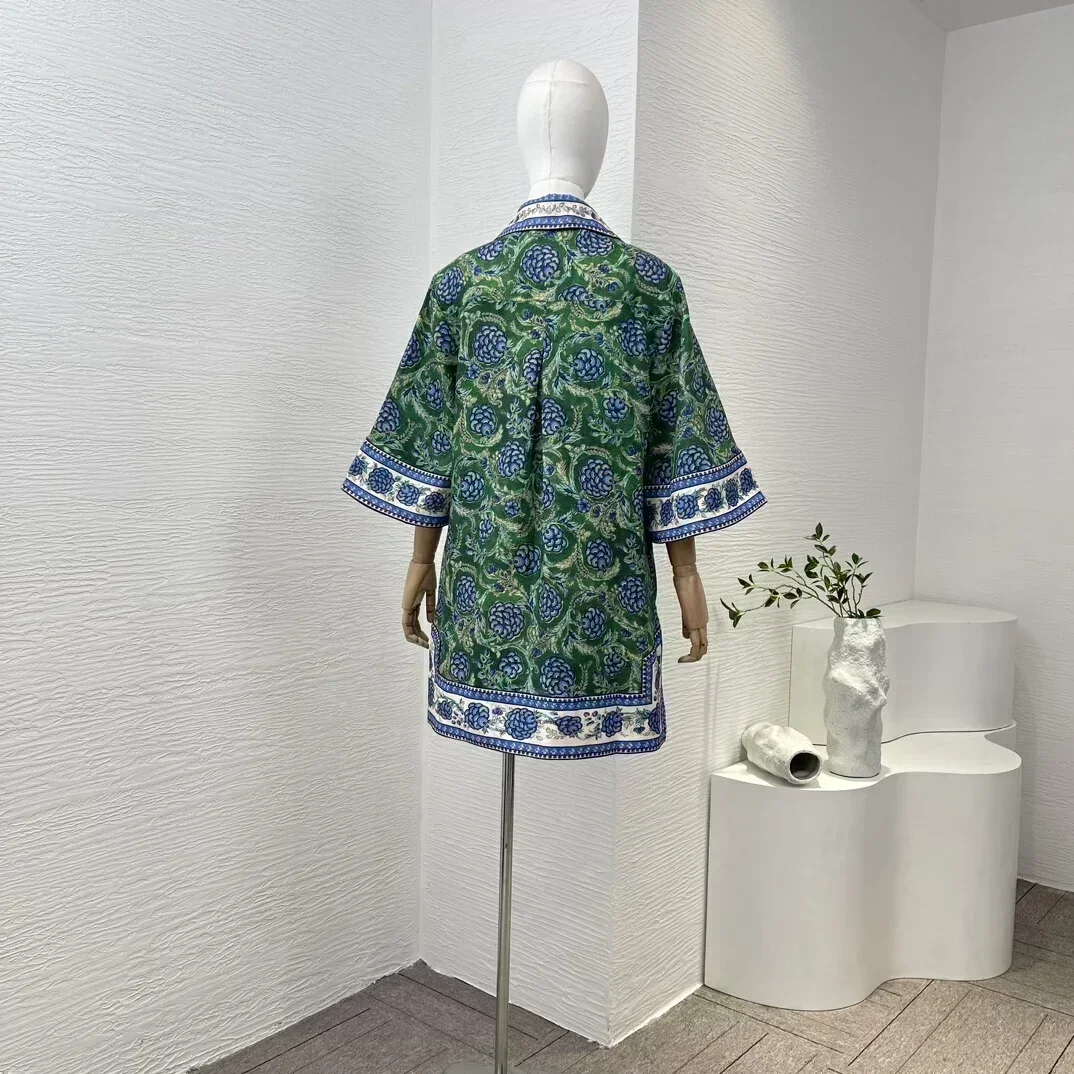 2024 Re-tro Green Floral Print Summer New Collection Linen High Quality Half Sleeve Women Loose Mini Dress