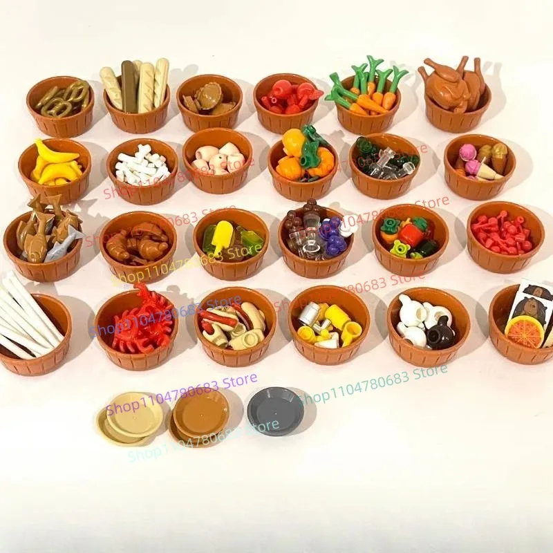 

Строительные блоки MOC совместимы с аксессуарами для мини-кукол, деревянными горшками, круглыми горшками, овощными игрушками, сборкой и сращиванием.