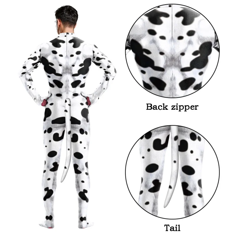 Dalmatians Men Women Cosplay Costume Animal Milk Cow Halloween Cartoon Catsuit With Tail Zentai Suit Jumpsuit Full Bodysuit