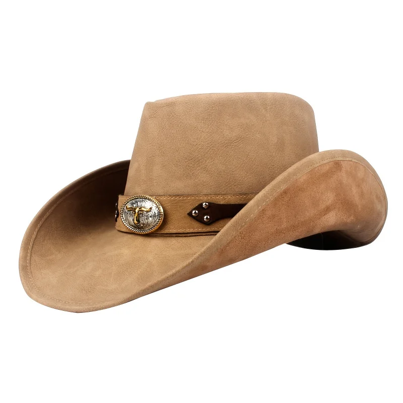 1pc mumuwu leather cowboy hat Western cowboy hat for Men Women outdoor wide brim cowgirl hat with light brown khaki