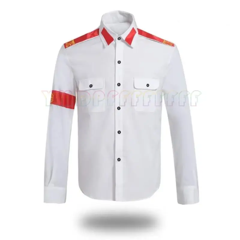 POP Michael Jackson anti war military shirt men's retro button up shirt in red white and black iconic pop star role-playing c view 5
