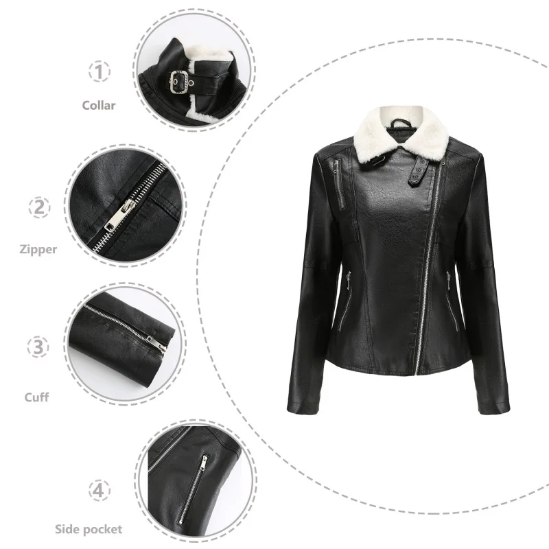 Autumn Winter New Fur-Lined Leather Jacket for Women, Fleece-Lined Long Sleeve Warm Coat, Casual Size