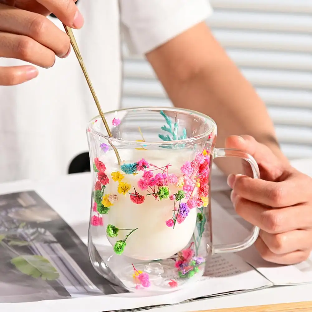 220/300ML Double Wall Glass Coffee Mugs with Handles Transparent Glass Cup with Flowers Printed Design Drinking Mug for Tea