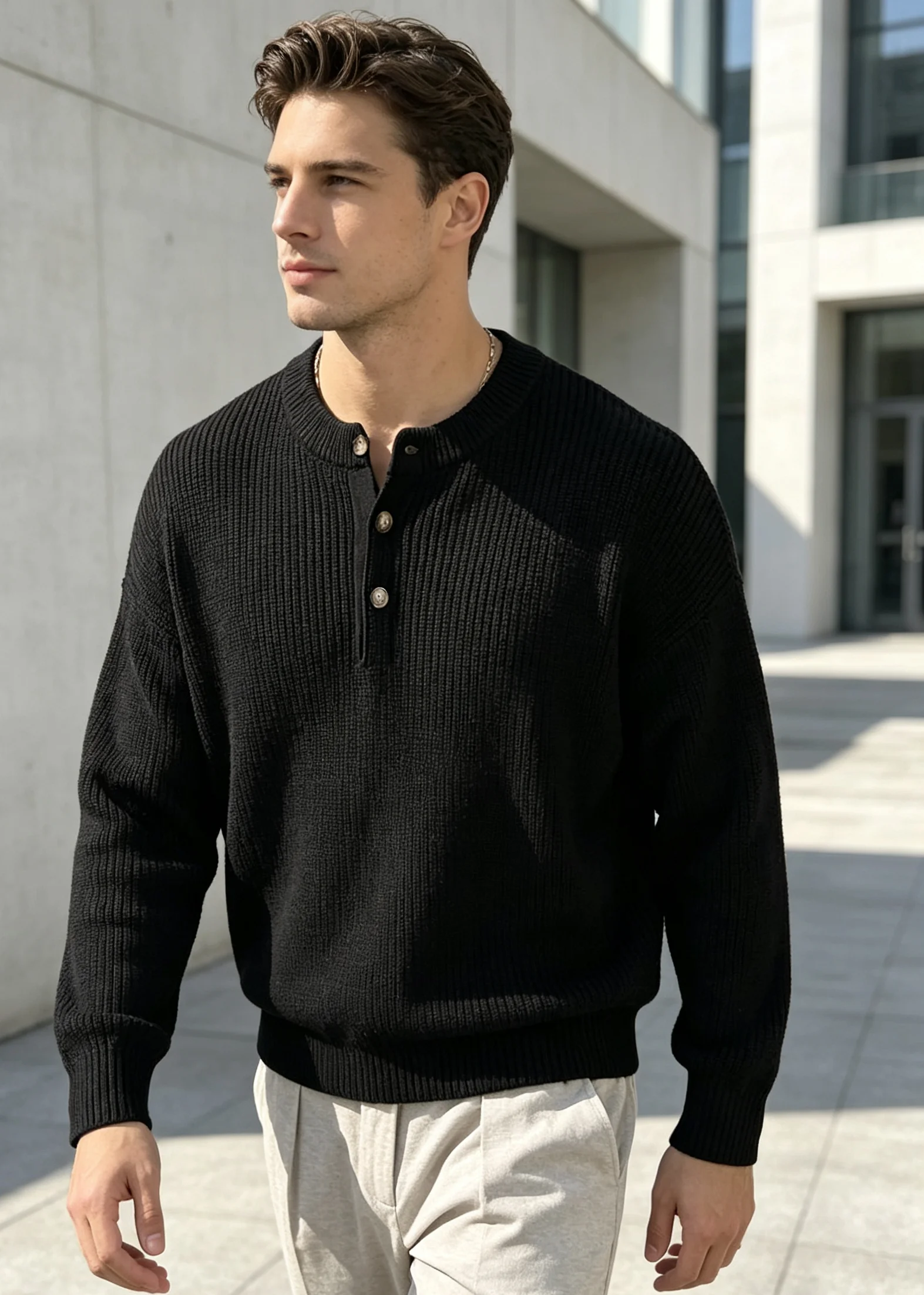 Herren-Pullover mit Henley-Kragen, geripptem Strickmuster, einfarbig schwarz, mit Knöpfen, langärmelig, für Herbst und Winter, lässiger, lockerer Schnitt, strukturierte Strickware. – Detail 2