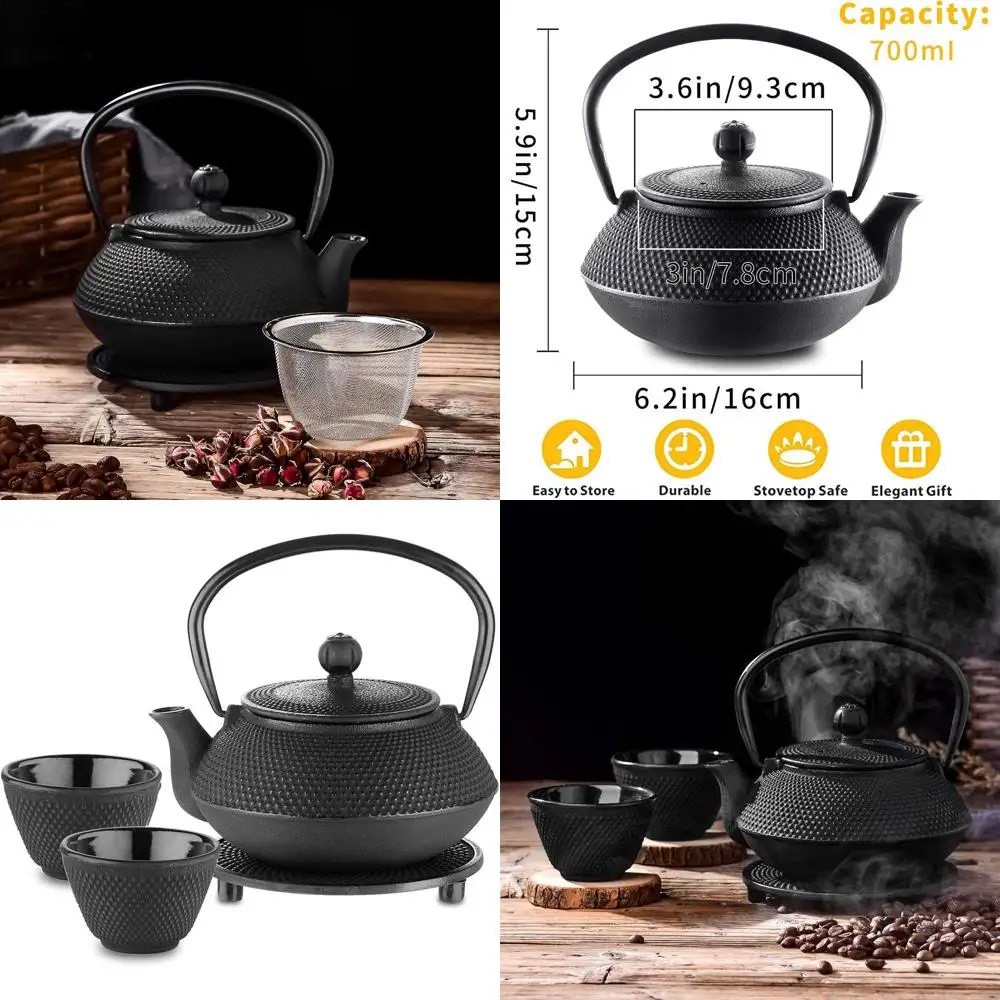 

Набор японских чугунных чайников с подставкой, заварочным устройством, 2 чашки, 700 мл, прочная эмалированная внутренняя часть, кованый дизайн
