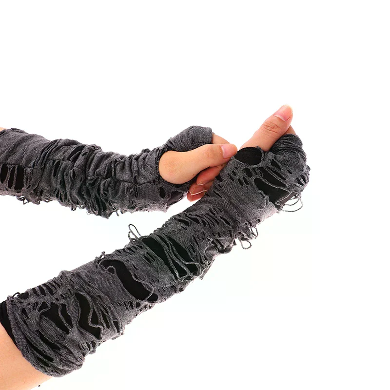 2 Stück schwarze, zerrissene, mit Löchern verzierte Cosplay-Handschuhe für Erwachsene, sexy Gothic-Fingerlose Handschuhe, Casaul Broken Slit Gloves, Halloween-Handschuhe