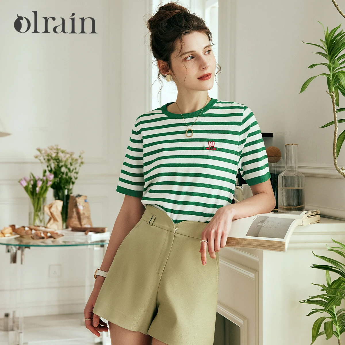 

OLrain Women Summer Short Sleeve Knit Tops Female 2025 Knitwear Ladies French Fashion Green Striped Pullover Jumpers O23XZ66559