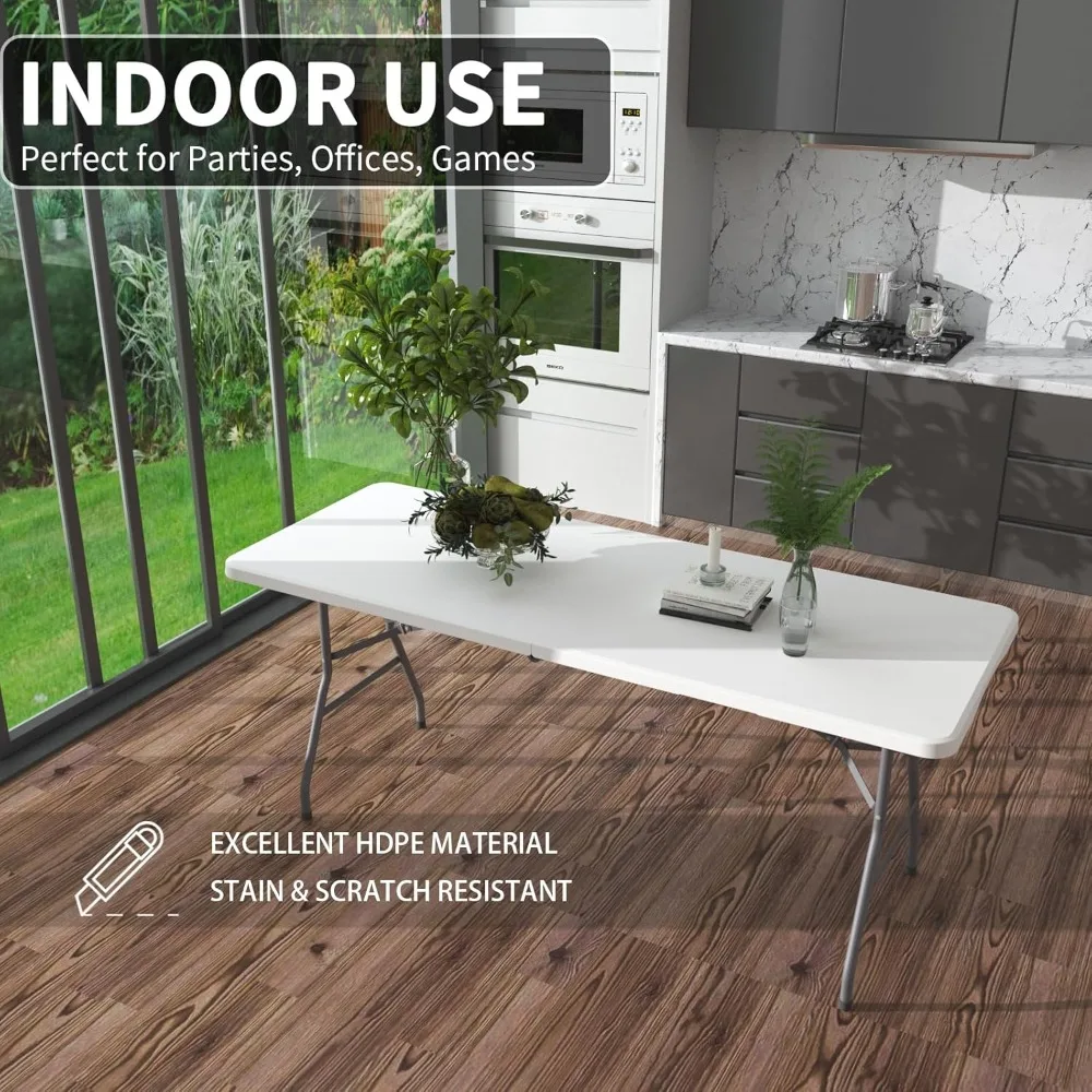 Folding Table 6FT, No Assembly Required Outdoor Picnic Table Thickened HDPE Panel, Office Foldable Table with