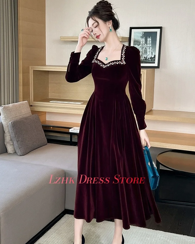 Robe de soirée trapèze en velours de tempérament personnalisé, en cristal, manches longues délicates, longueur thé, robes d'occasion sur mesure