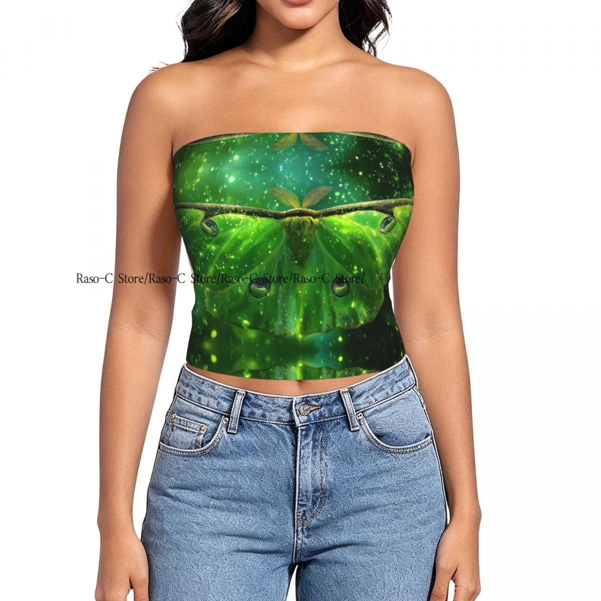 Strapless Sexy Tube Tops Summer Outfits Women Backless Shoulder Wrap Magnificent Green Moth Female Crop Top