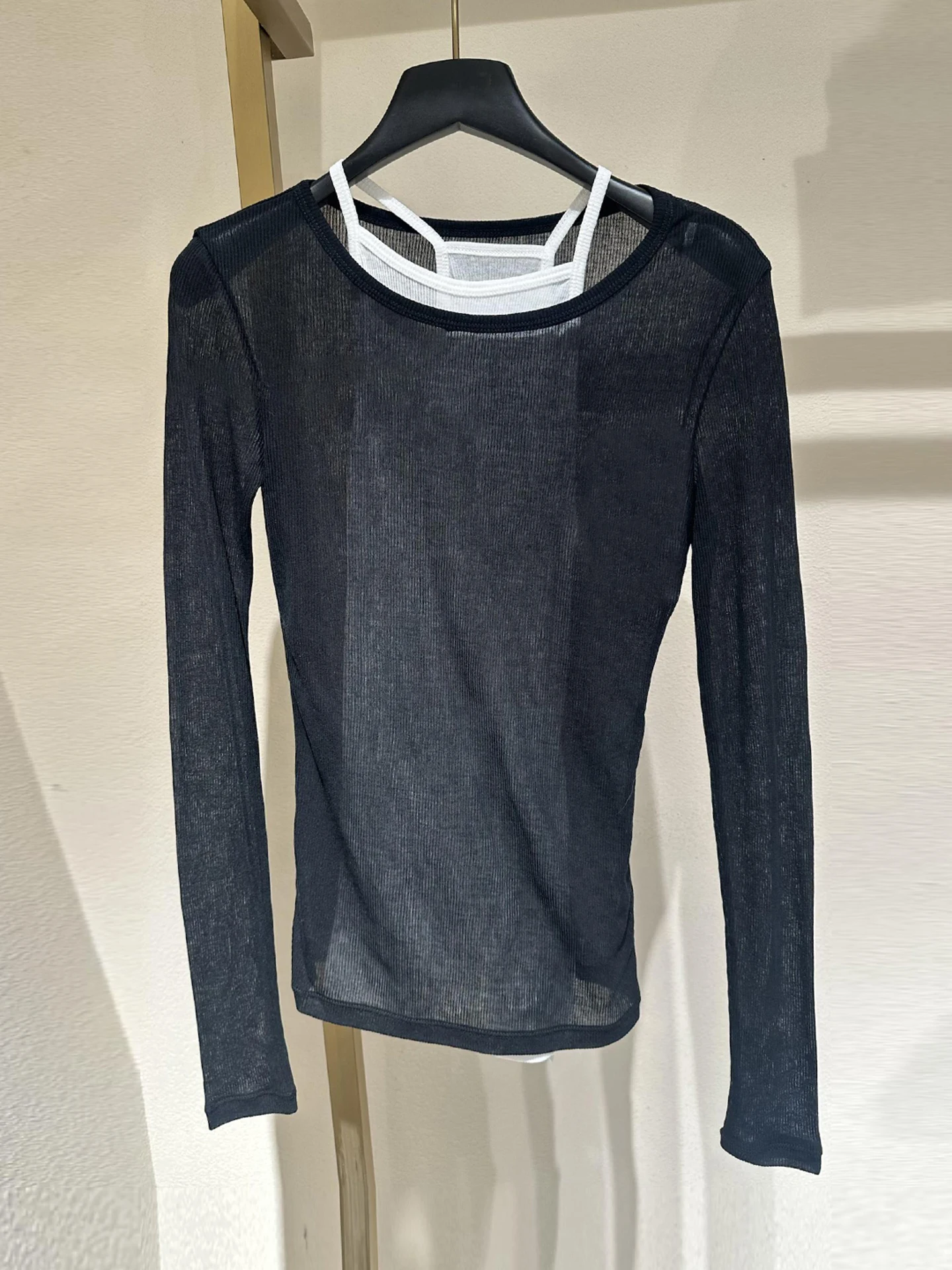 Laid-back Style Women's T-shirt Upper Body Double-breasted Strap Spring Summer Commute Wind Standard Fit Long Sleeve round Neck