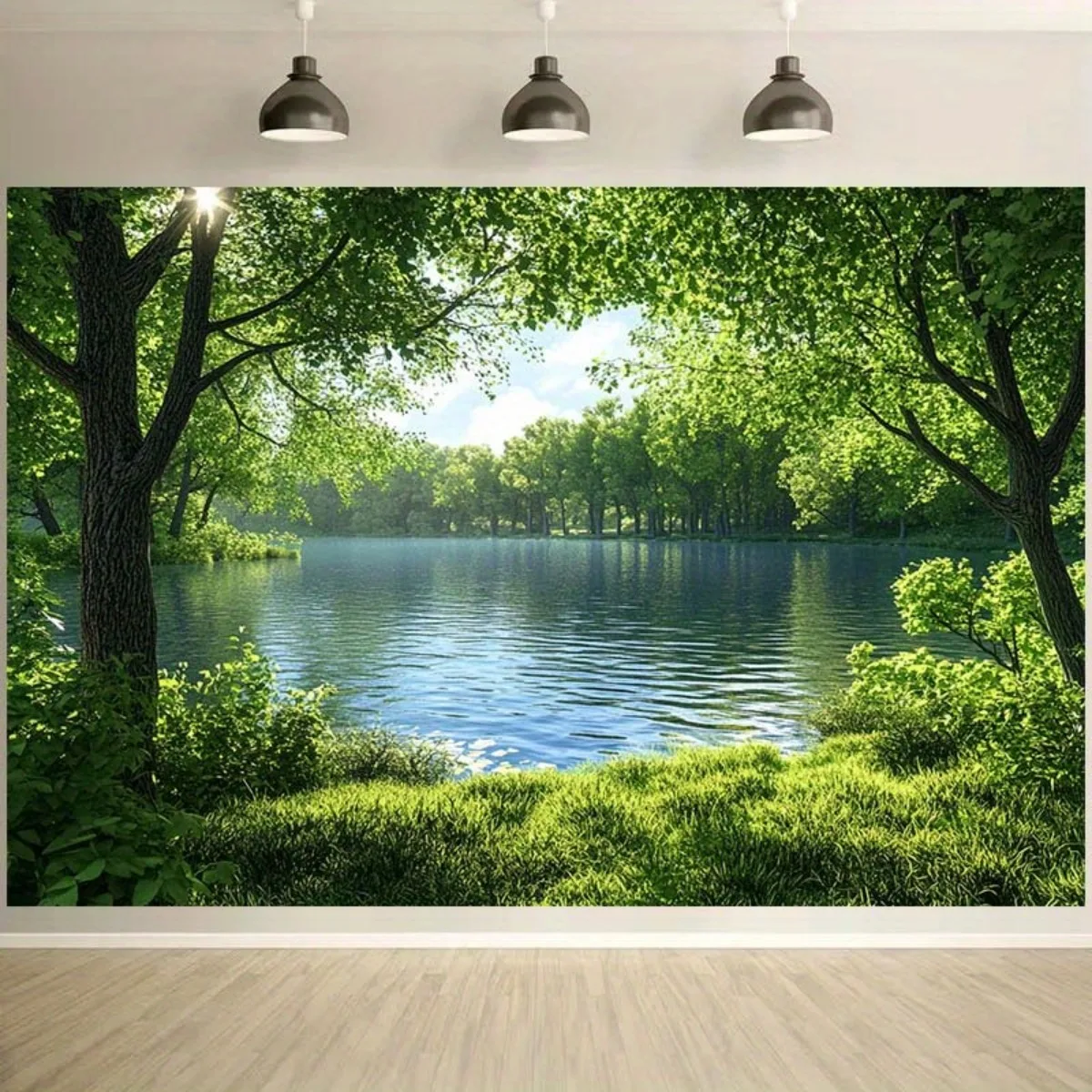 1 Stück Forest Lake View Serene Nature Theme Polyester-Hintergrundstoff – üppiger grüner Wald, Party- und Heimdekoration – Detail 4