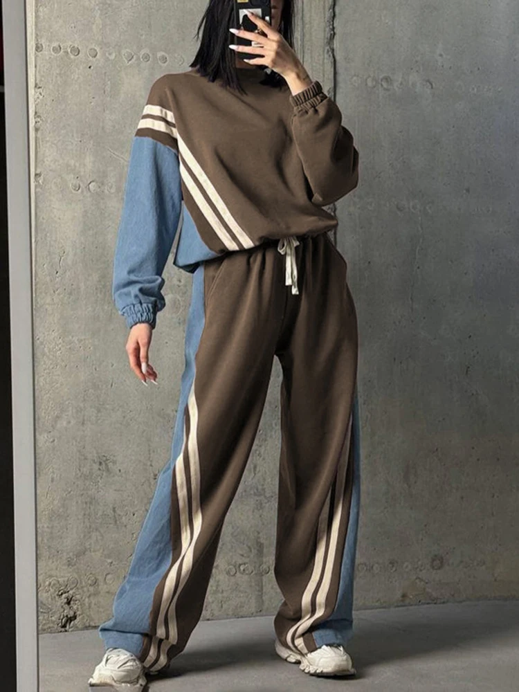 DEAT Fashion Women 2 Pcs Set Round Neck Pullovers High Waist Drawstring Contrast Color Striped Pant Suit Autumn 2024 New 7AB6004