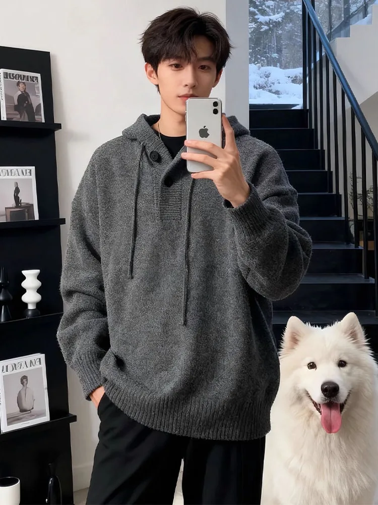 

Темно-серый вязаный свитер с капюшоном для мужчин, осенне-зимний, в корейском стиле, утепленный, повседневный, свободного кроя, с длинным рукавом