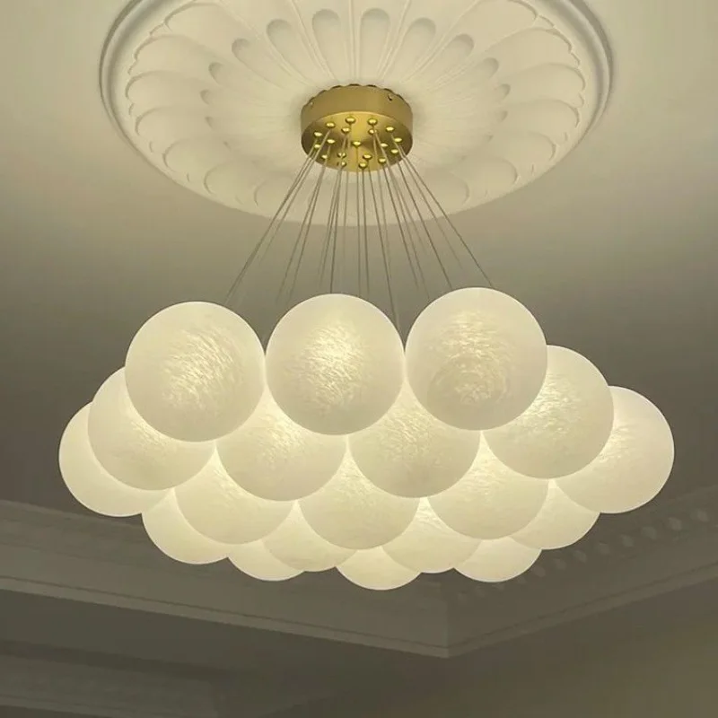 Modern Cream Style White Glass Ball Chandelier Creative LED Bubble Chandelier For Living Room Bedroom Nordic Moon Planet Lamp