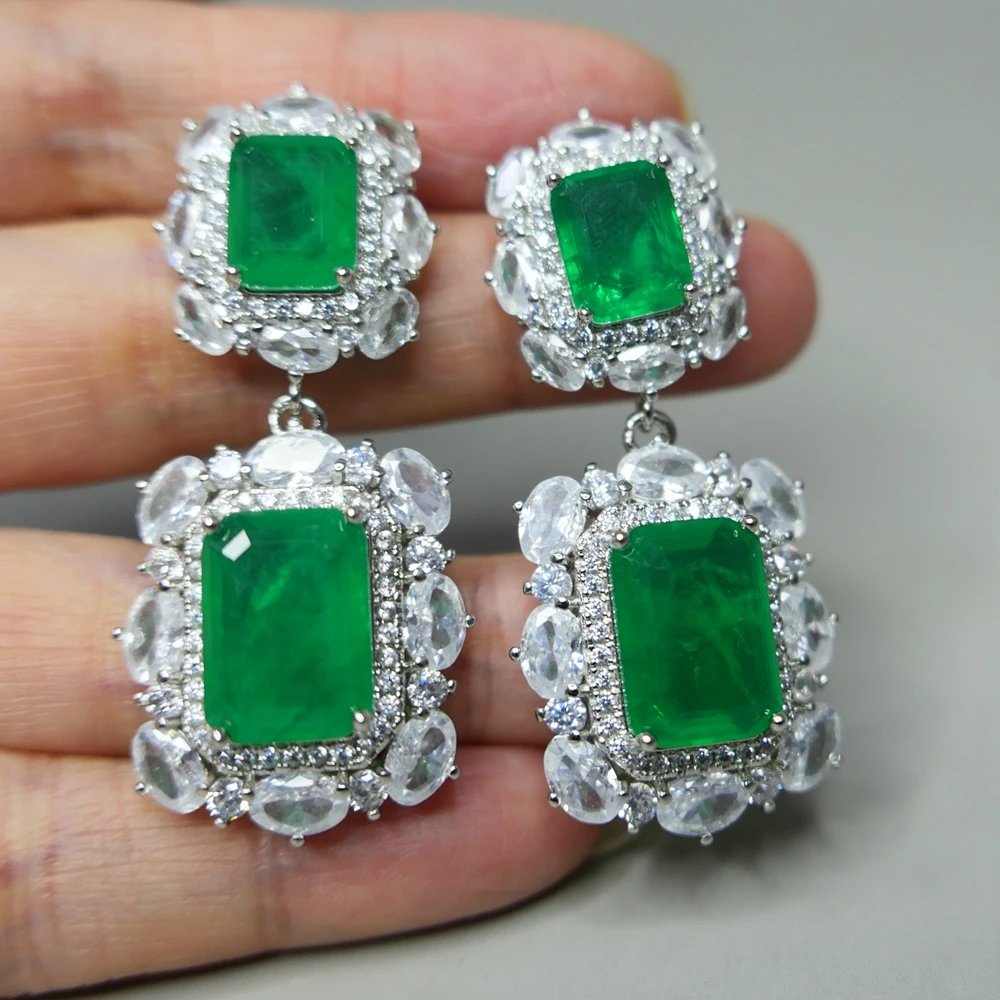 KQDANCE Simulate moissanite Diamond ruby paraiba tourmaline pariba emerald Earrings with Green stone 925 Silver Needle Jewelry