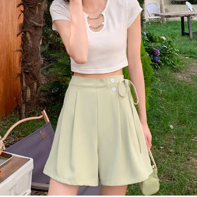 Casual High Waist Shorts Women Summer Lace Up Button Shorts Korean Fashion Office Lady Elegant Female Femme Short Pants Women