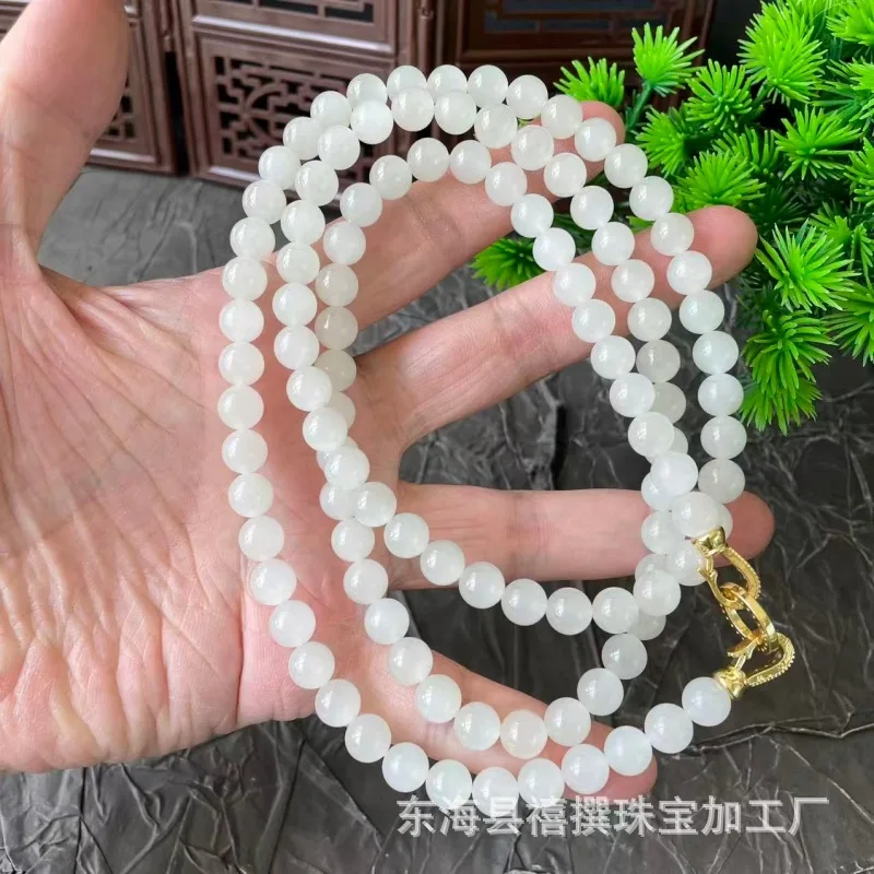 Natural Seed Hetian Qinghai Material Round Bead , White Jade Long Chain, Mother'S Necklace