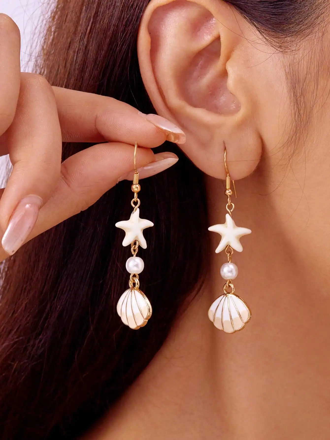 

Gold-Tone Starfish Pearl Shell Dangle Earrings for Beach Summer Wear