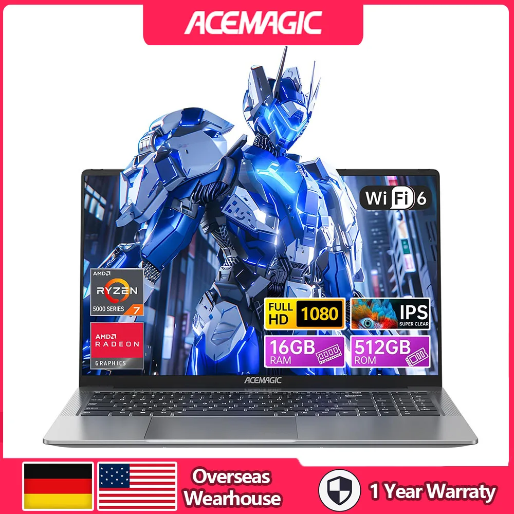 ACEMAGIC Gaming Notebook 16.1 FHD 1920*1080 16GB DDR4 512GB SSD AMD Ryzen 7 5825U Notebook Windows 11 Home BT5.2 WiFi 6 Laptop