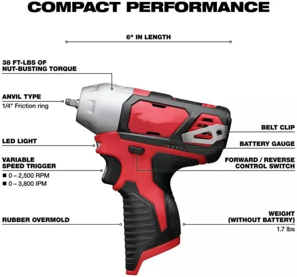 2461-20 M12 Fits Milwaukee 12V 1/4-Inch Impact Wrench W/Belt Clip - Bare Tool