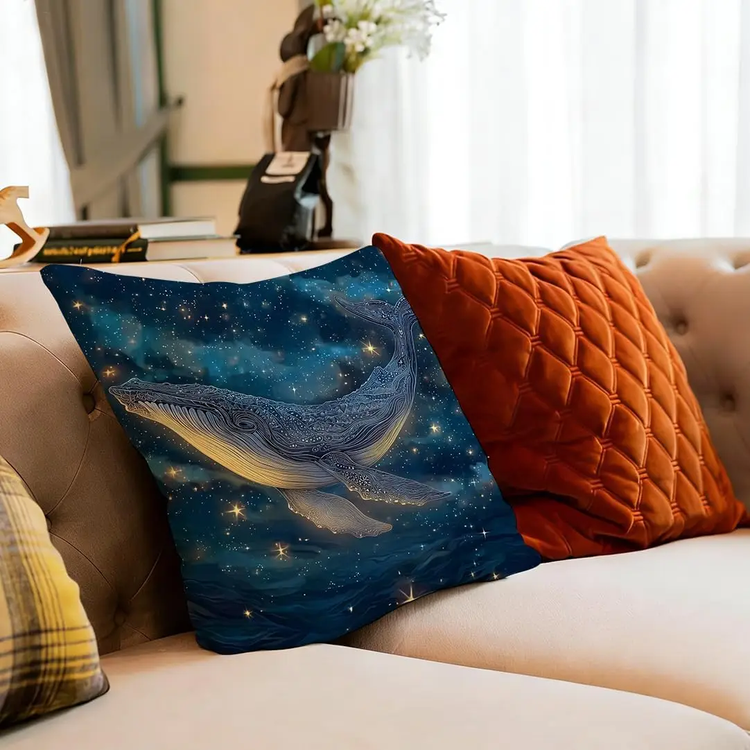 Celestial Whale Galaxy Pillow Cover Polyester Cushion Throw Decor Starry Night Ocean Deep Sea Artistic Aesthetic Bedroom Living