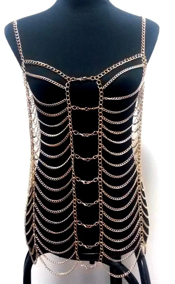 

American multi-layer metal button body chain necklace, bar nightclub performance accessories matching, three colors optional