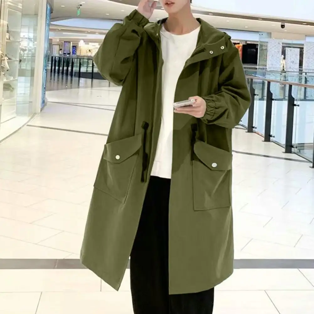 Men Trench Coat Hooded Loose Mid Length Long Sleeve Windbreaker Zipper Closure Jacket Elastic Cuff Streetwear Men Coat 남성 외투