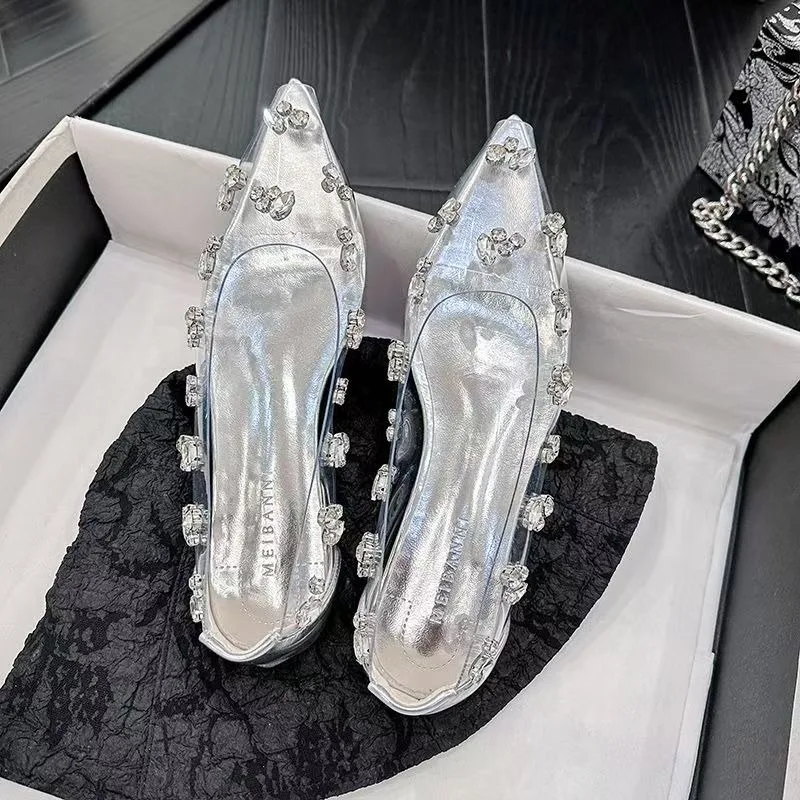 2026 Transparent PVC Rhinestone Flat Shoes Sexy Pointed Red Sole French Single Shoes Women's Crystal Shoes view 3