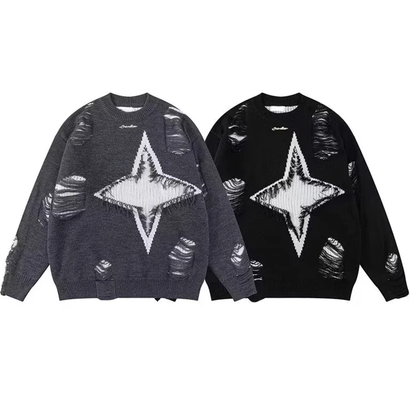 Geometric Hollow Design Men's Knitwear Sweater Vintage High Street Hole Pullover Autumn Winter Knitted Jumpers Sweater Oversize