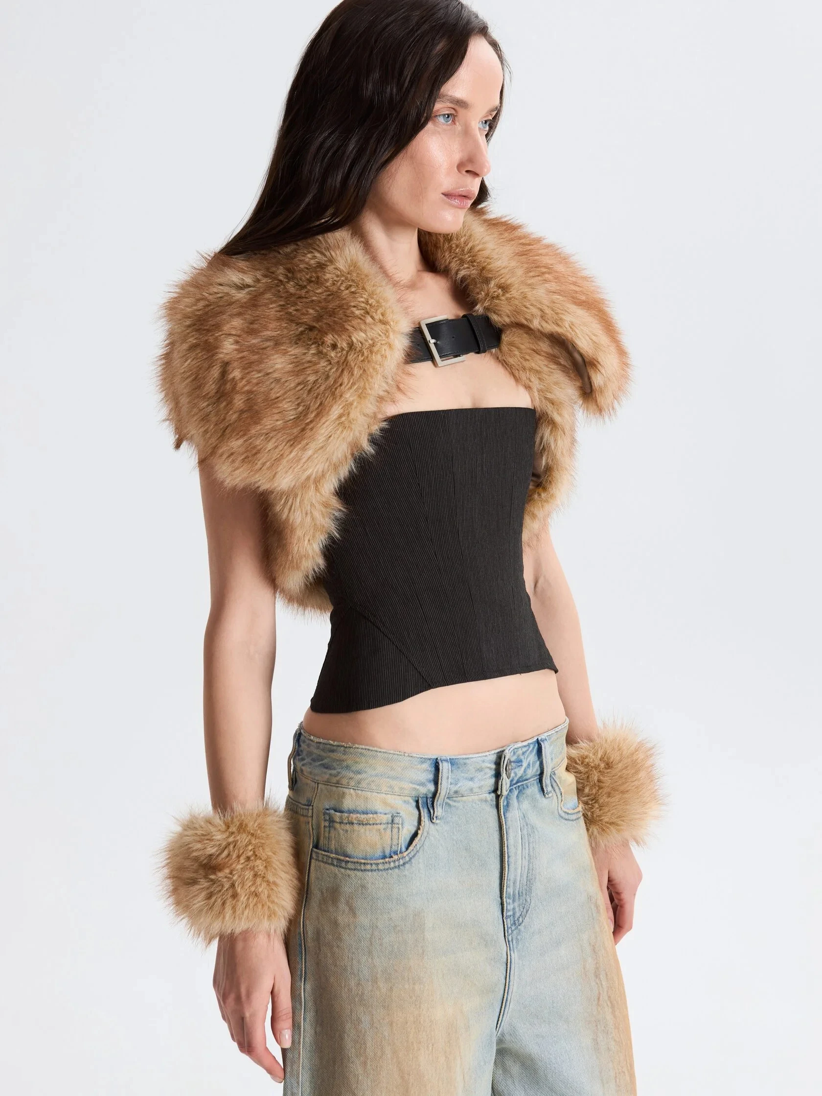Faux Fur Shoulder Cape With Wrist Cuff Fur Set Women Buckle Strap Short Fur Shrug