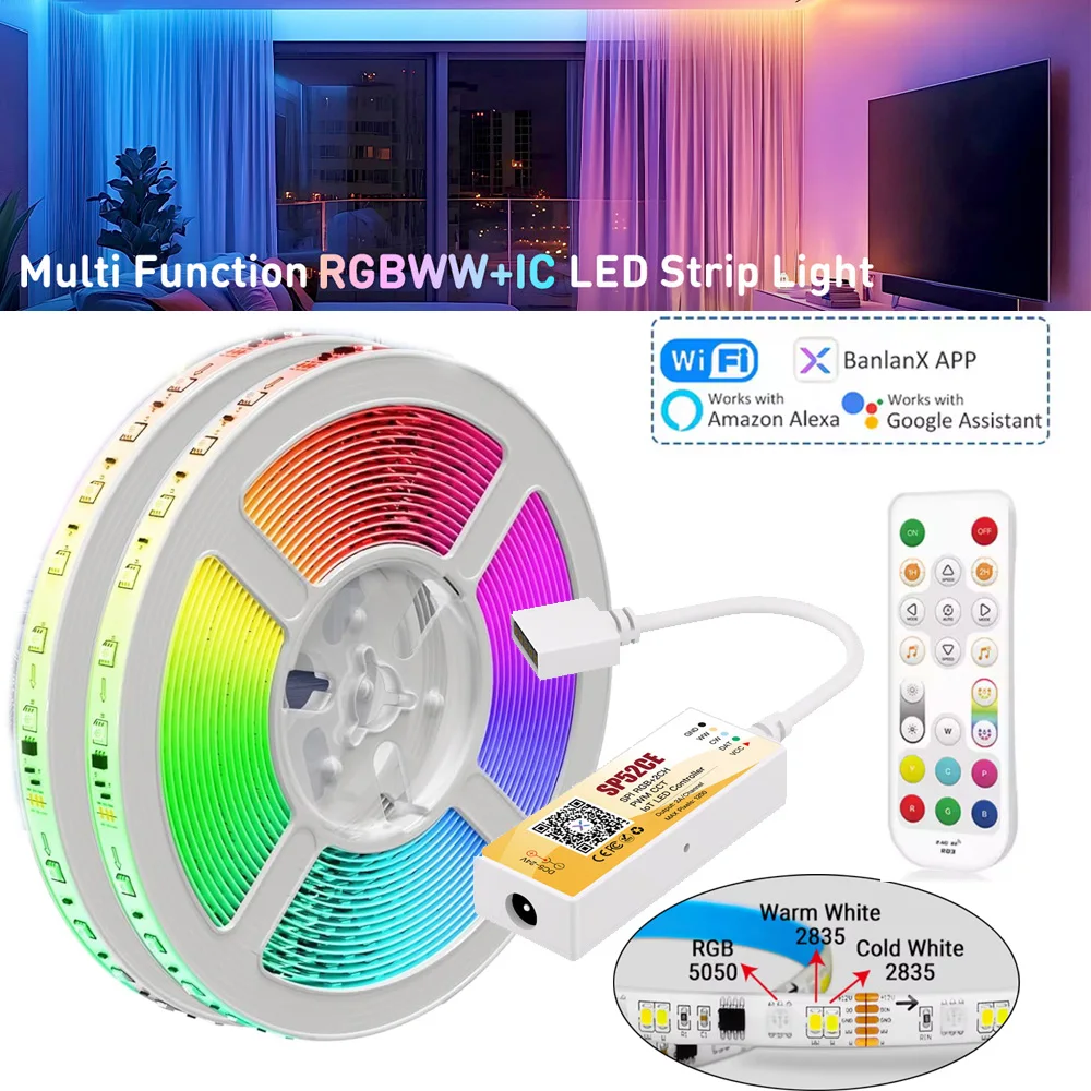 

Светодиодная лента DC12V Wi-Fi RGBIC 5050 RGBCCT с регулируемой яркостью SPI Светодиодная лента Адресная световая лента RF Remote BalanX APP для Alexa Googlehome